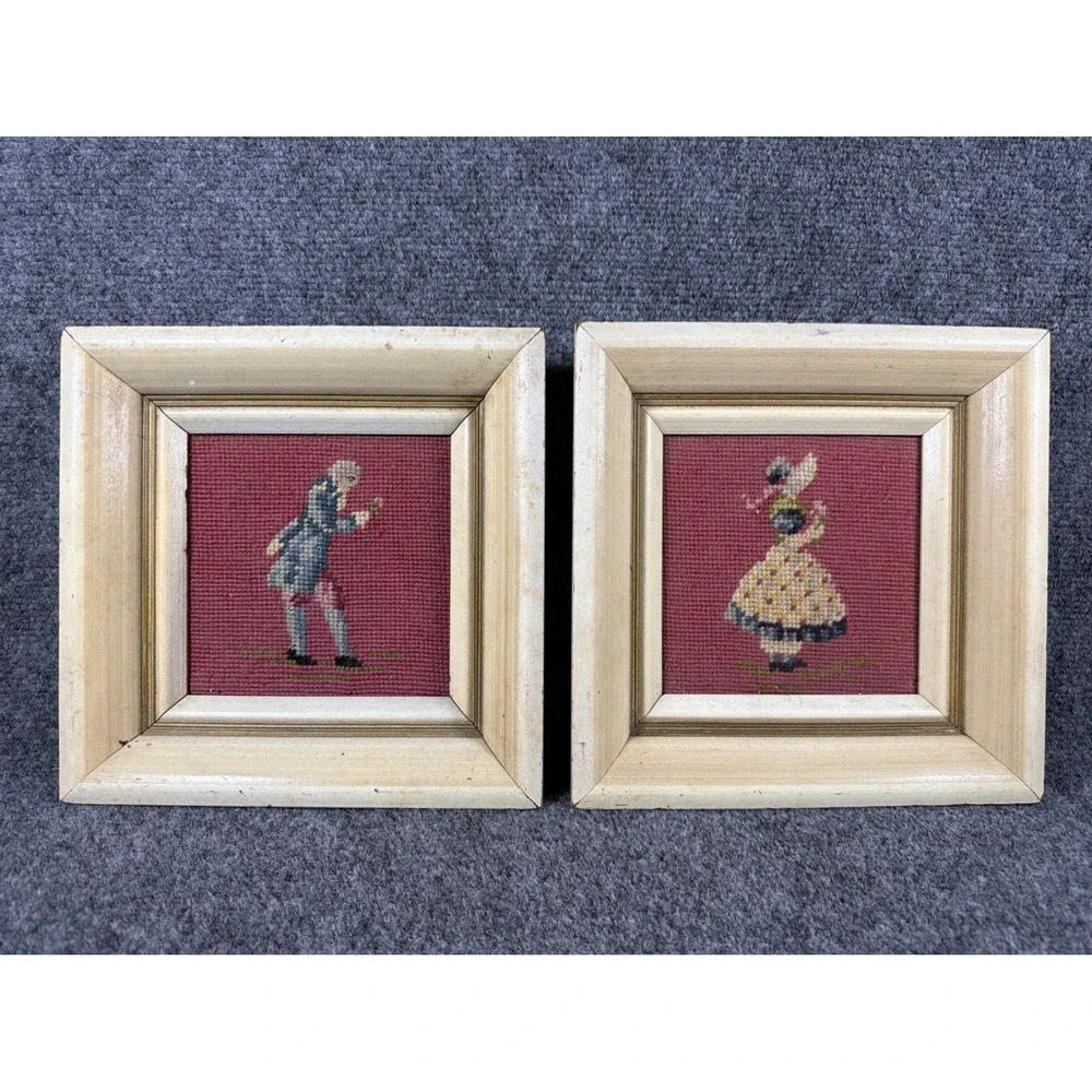 Vintage Framed Needlepoint Pair Colonial Man Woman Petit Point Bridgerton